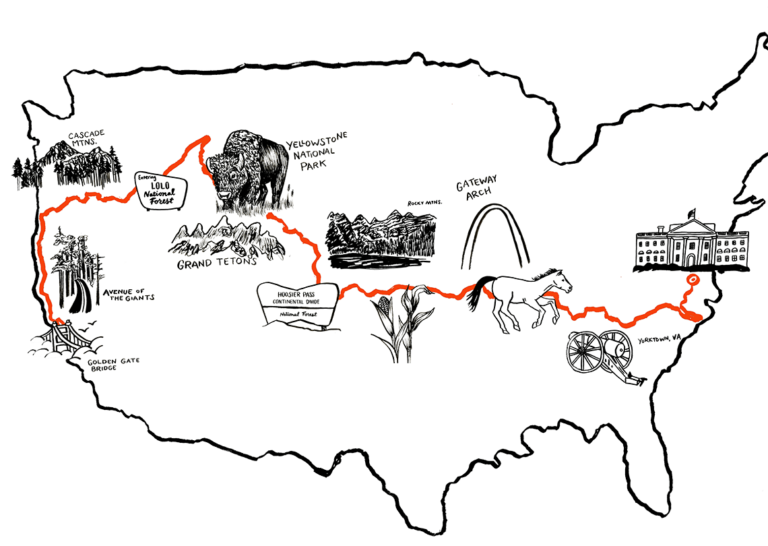 Illustrated map of the United States, depicting the route of the journey from San Francisco, California to Washington, DC